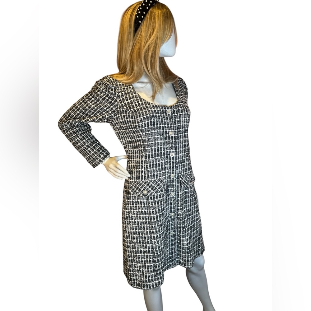 Taylor Black & White Tweed Long-Sleeve Button Front Dress - Picture 4 of 10